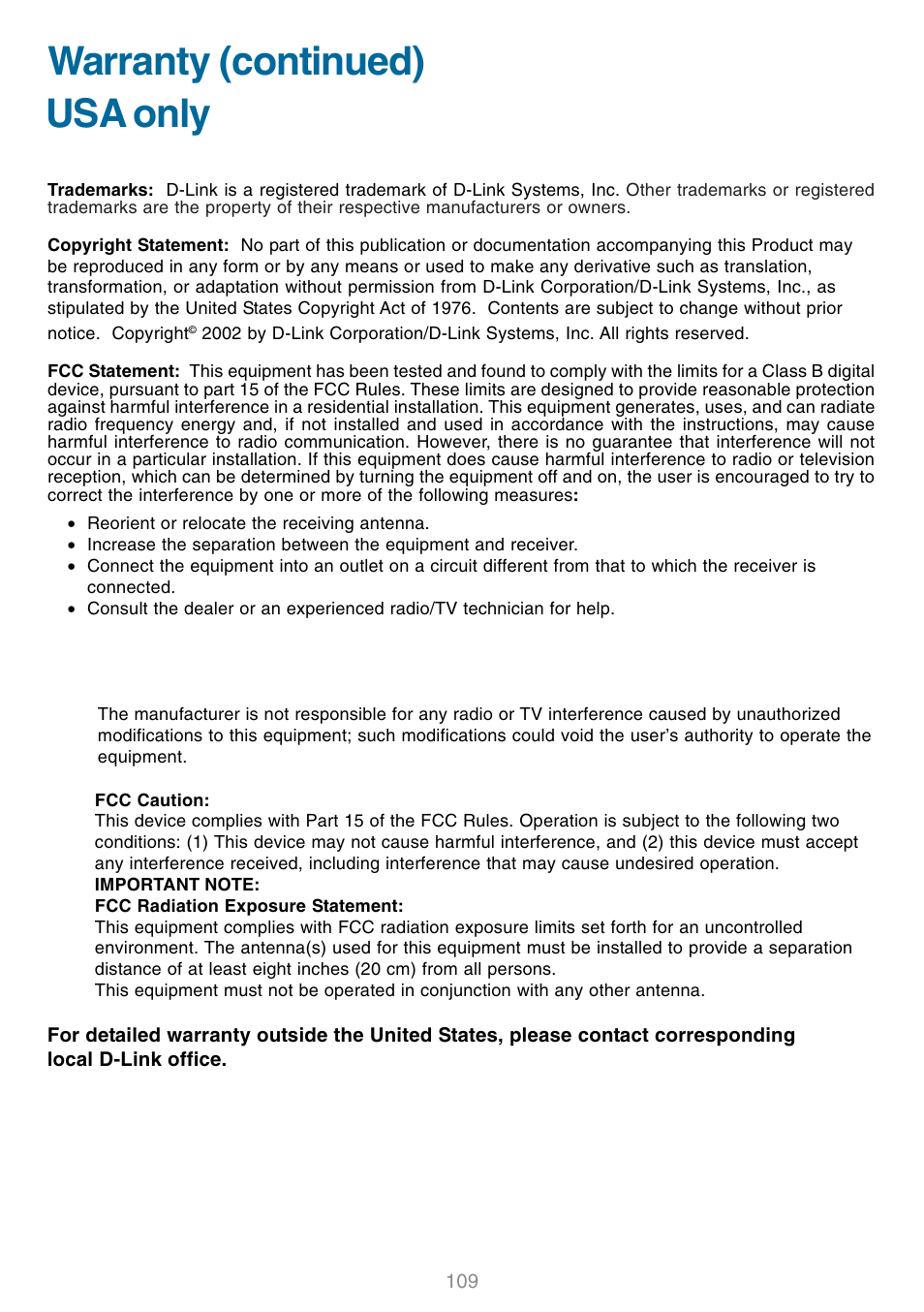 Warranty (continued) usa only | D-Link DSM-320 User Manual | Page 109 / 111