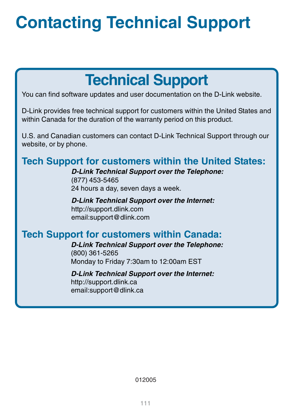 Contacting technical support, Technical support, Tech support for customers within canada | D-Link DSM-320 User Manual | Page 111 / 111