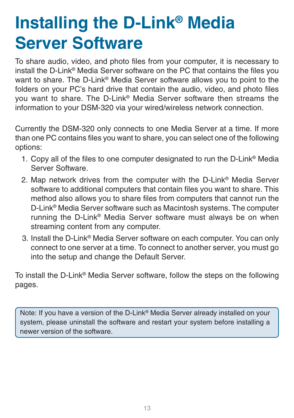 Installing the d-link® media, Installing the d-link® media server software, Installing the d-link | Media server software | D-Link DSM-320 User Manual | Page 13 / 111