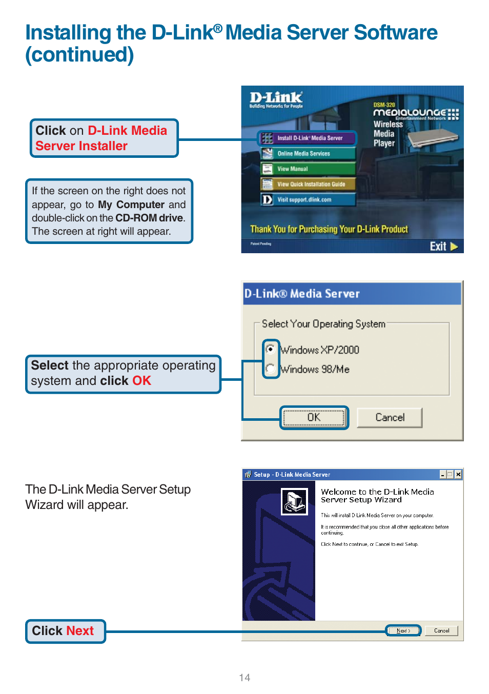 Installing the d-link, Media server software (continued) | D-Link DSM-320 User Manual | Page 14 / 111