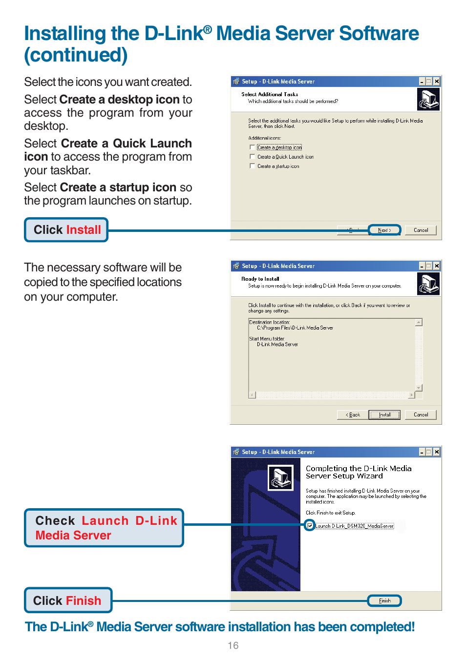 Installing the d-link, Media server software (continued) | D-Link DSM-320 User Manual | Page 16 / 111