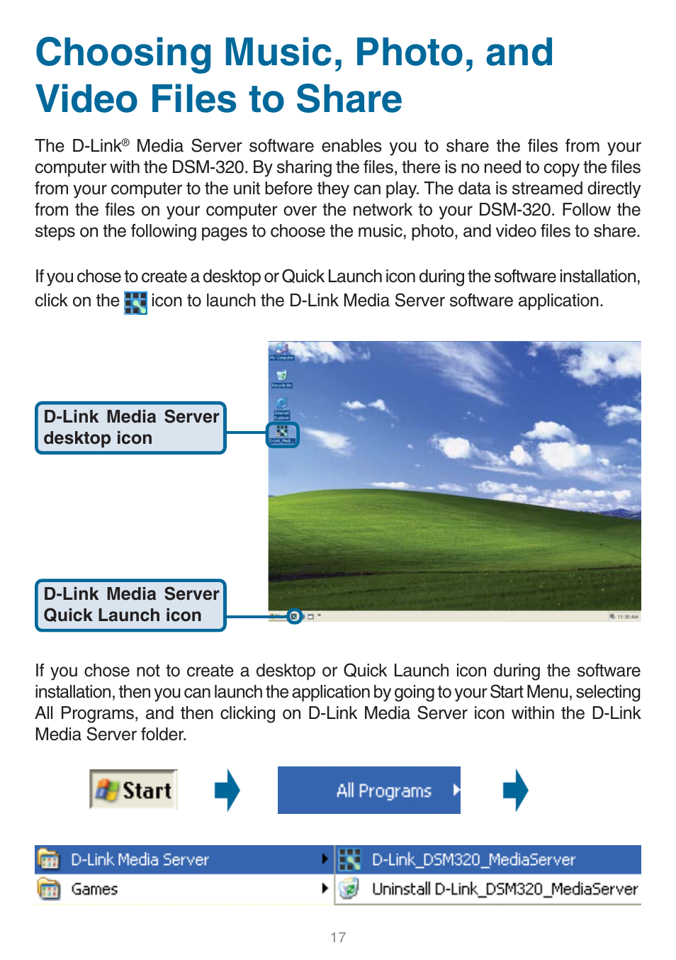 Choosing music, photo, and, Choosing music, photo, and video files to share | D-Link DSM-320 User Manual | Page 17 / 111