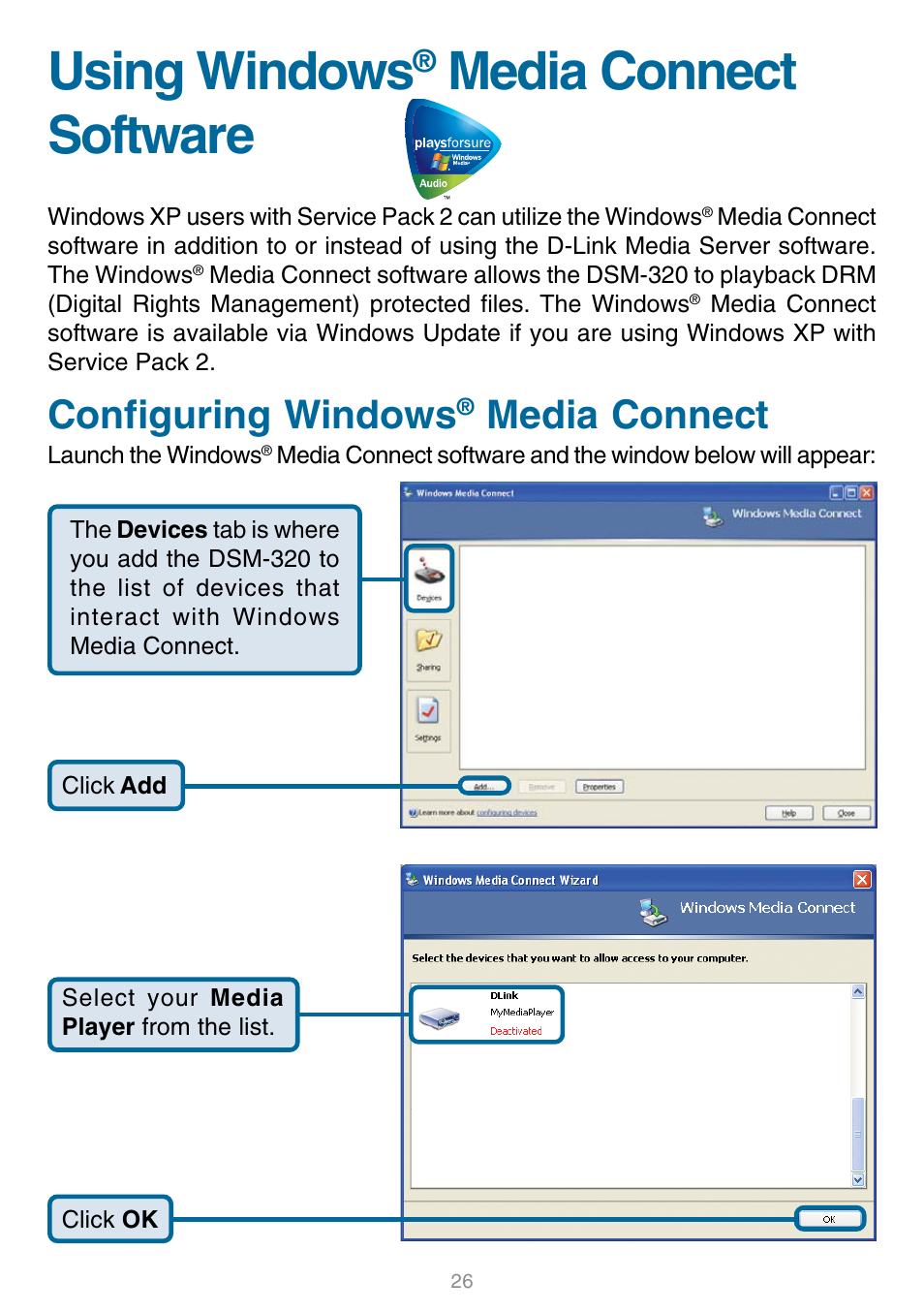 Using windows® media connect, Using windows® media connect software, Configuring windows® media connect | Using windows, Media connect software, Configuring windows, Media connect | D-Link DSM-320 User Manual | Page 26 / 111