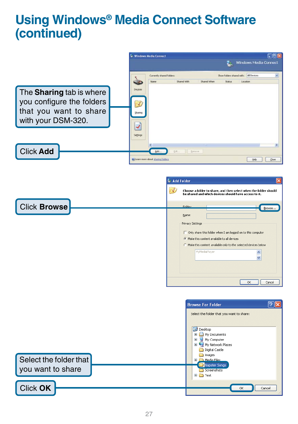 Using windows, Media connect software (continued) | D-Link DSM-320 User Manual | Page 27 / 111