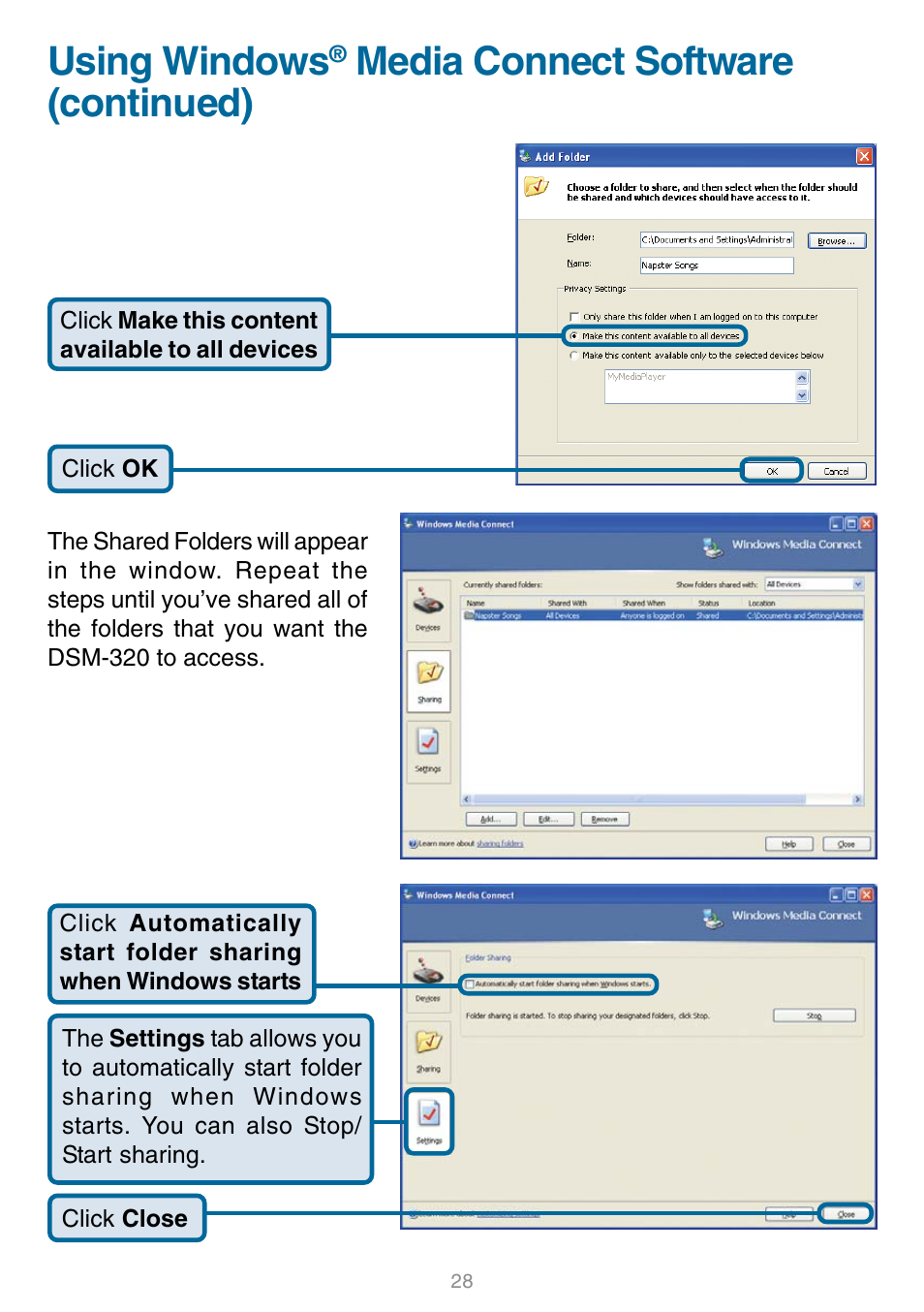 Using windows, Media connect software (continued) | D-Link DSM-320 User Manual | Page 28 / 111