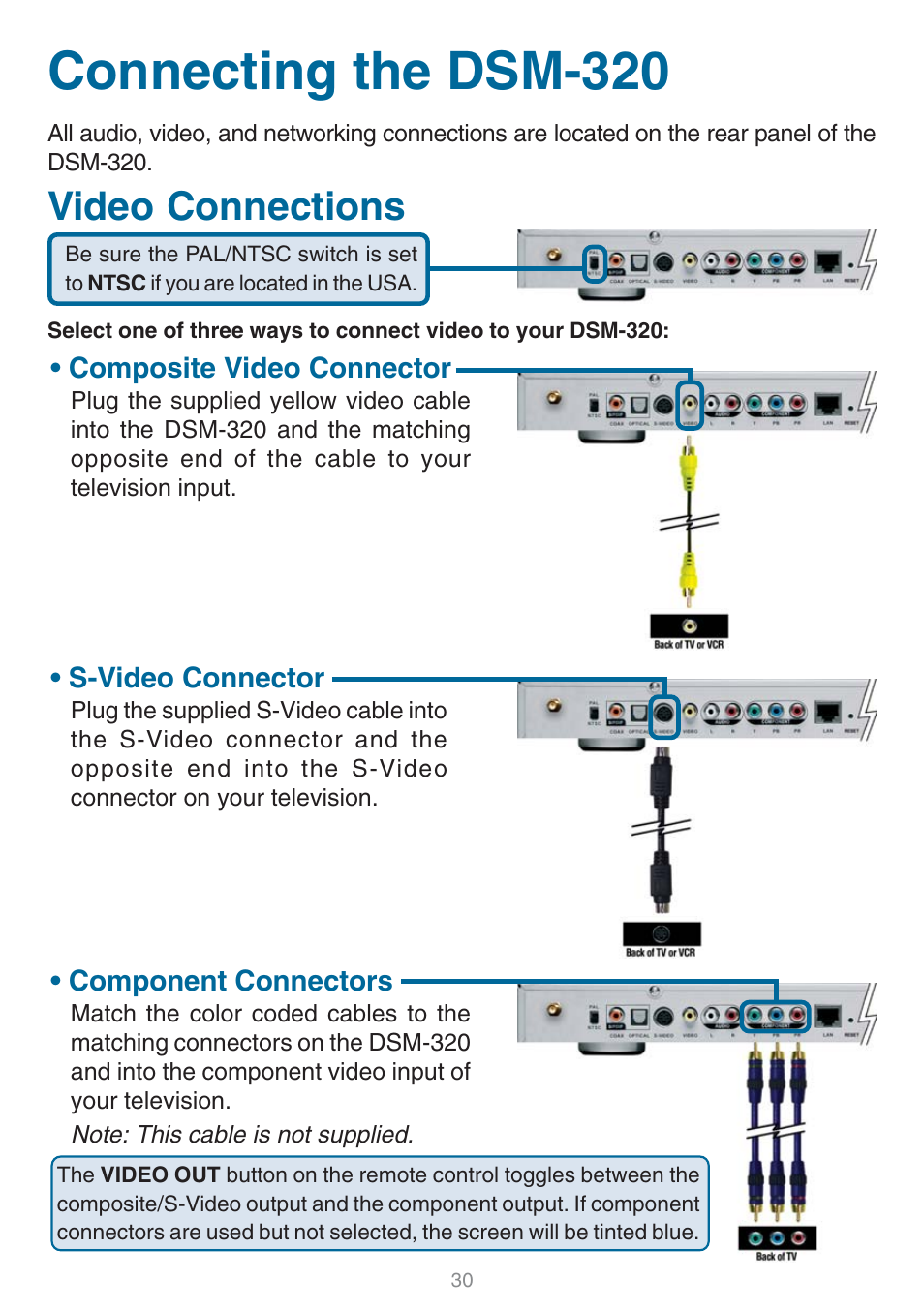 Connecting the dsm-320, Video connections | D-Link DSM-320 User Manual | Page 30 / 111