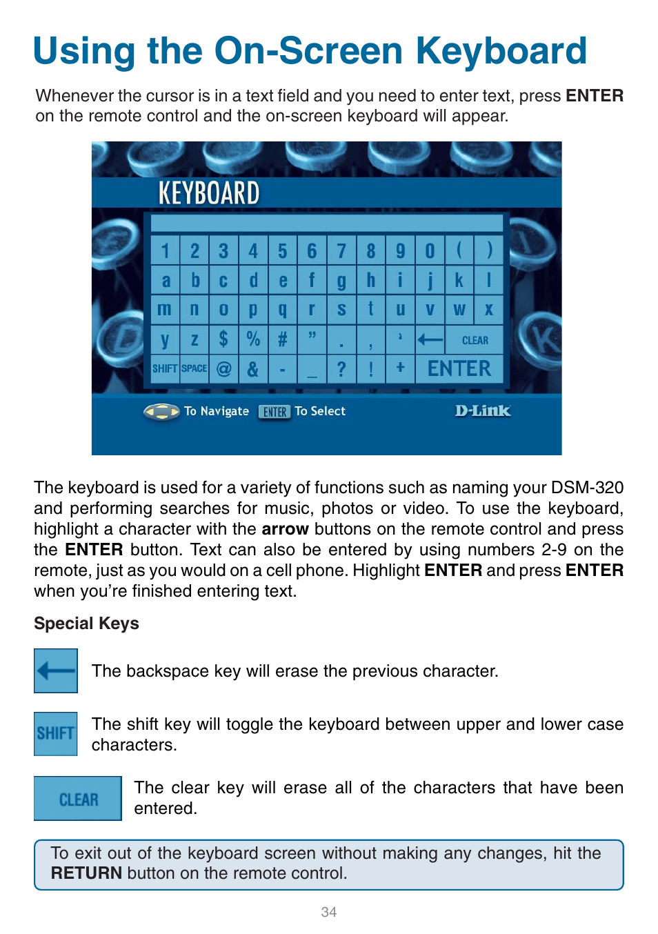 Using the on-screen keyboard | D-Link DSM-320 User Manual | Page 34 / 111