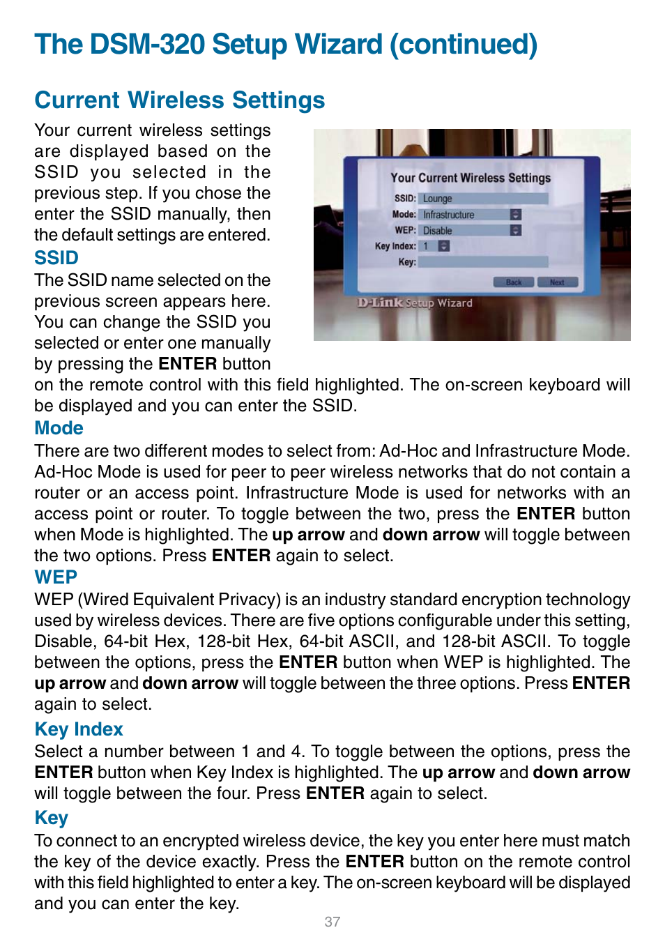 The dsm-320 setup wizard (continued), Current wireless settings | D-Link DSM-320 User Manual | Page 37 / 111
