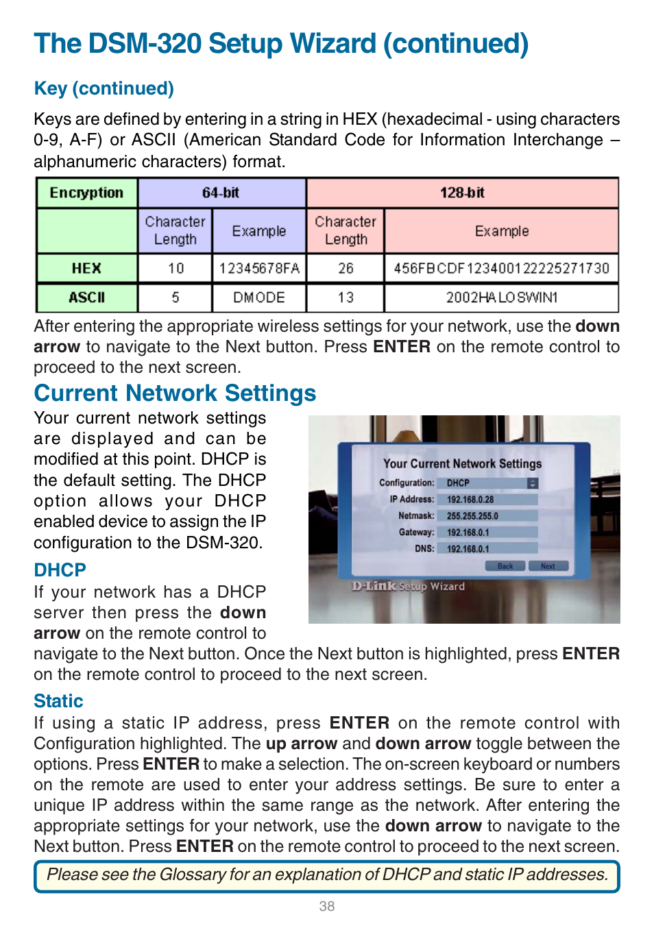 The dsm-320 setup wizard (continued), Current network settings | D-Link DSM-320 User Manual | Page 38 / 111