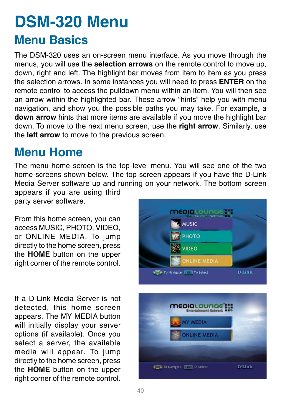 Dsm-320 menu, Menu basics menu home | D-Link DSM-320 User Manual | Page 40 / 111