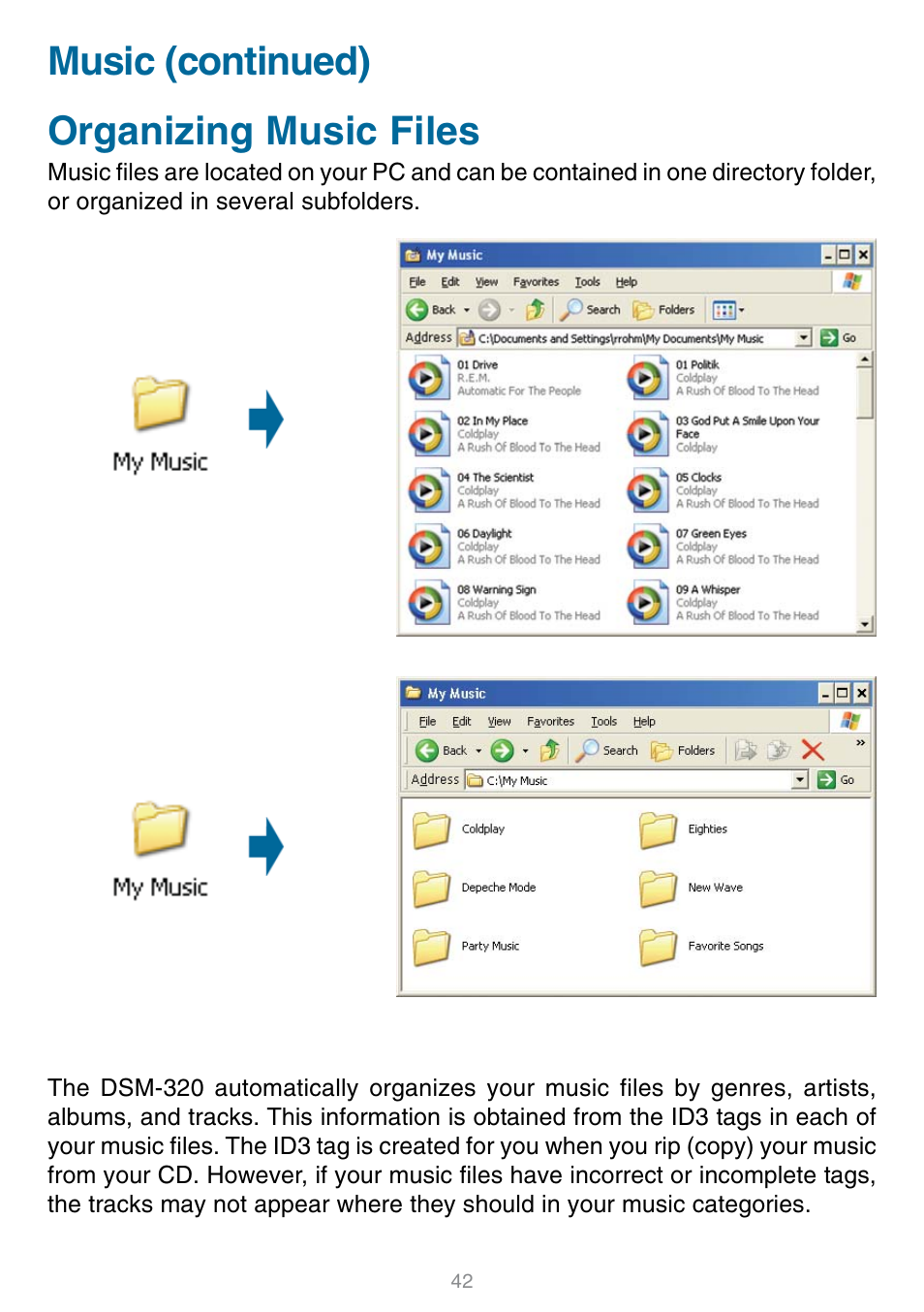 Organizing music files, Music (continued) organizing music files | D-Link DSM-320 User Manual | Page 42 / 111