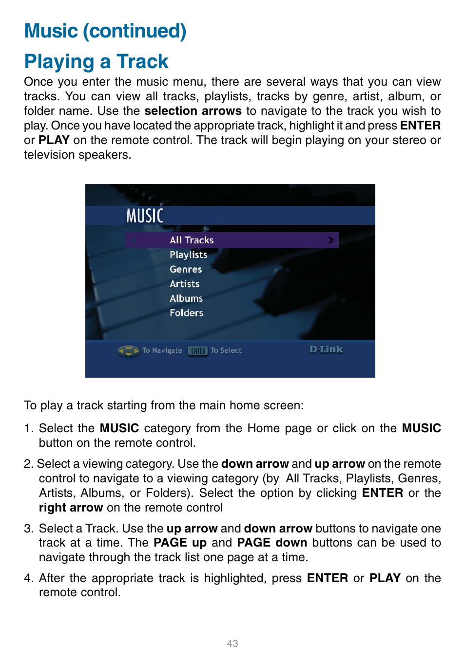 Playing a track, Music (continued) playing a track | D-Link DSM-320 User Manual | Page 43 / 111