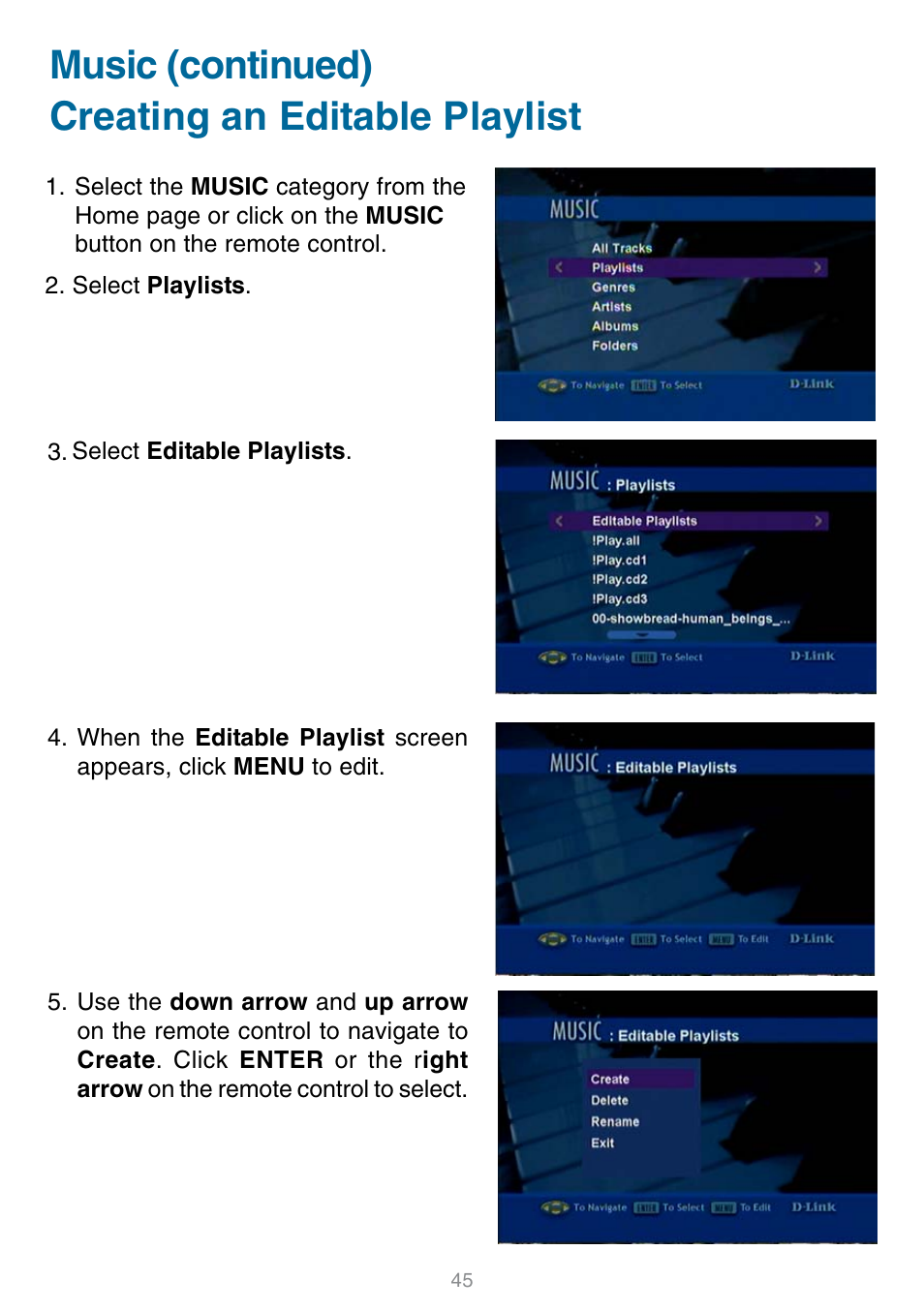 Music (continued) creating an editable playlist | D-Link DSM-320 User Manual | Page 45 / 111