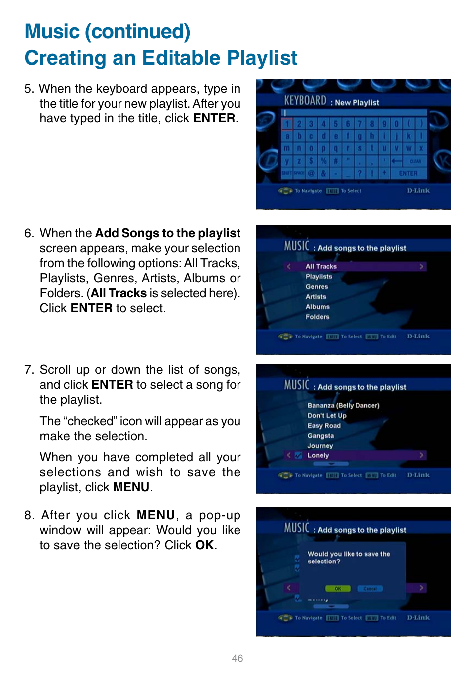 Music (continued) creating an editable playlist | D-Link DSM-320 User Manual | Page 46 / 111