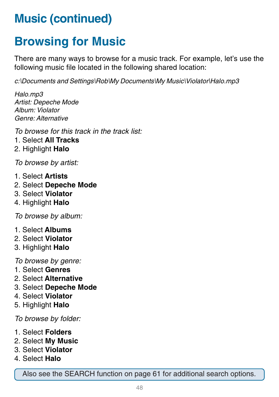 Browsing for music, Music (continued) | D-Link DSM-320 User Manual | Page 48 / 111