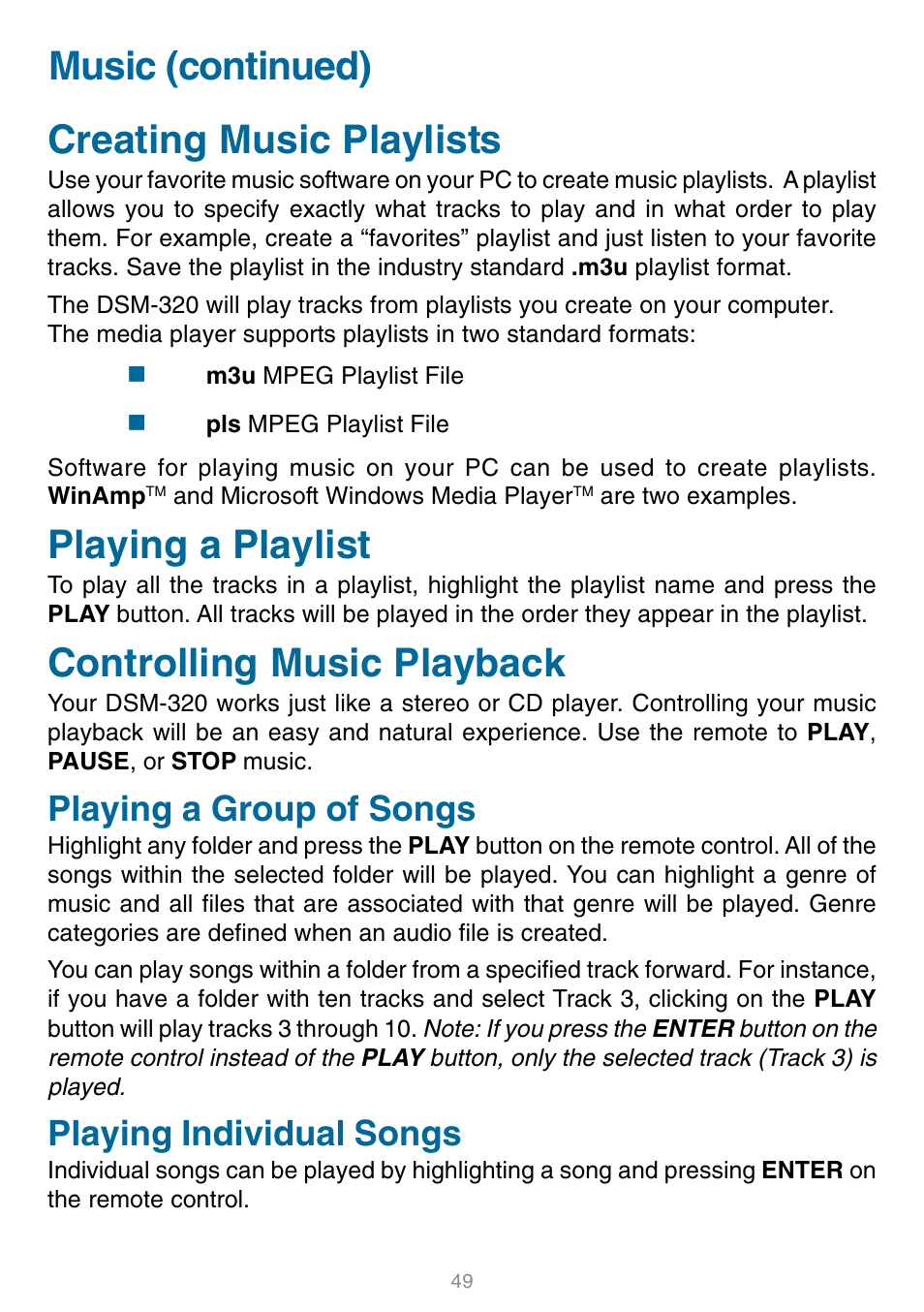 Playing a group of songs playing individual songs, Music (continued) creating music playlists, Playing a playlist | Controlling music playback, Playing a group of songs, Playing individual songs | D-Link DSM-320 User Manual | Page 49 / 111