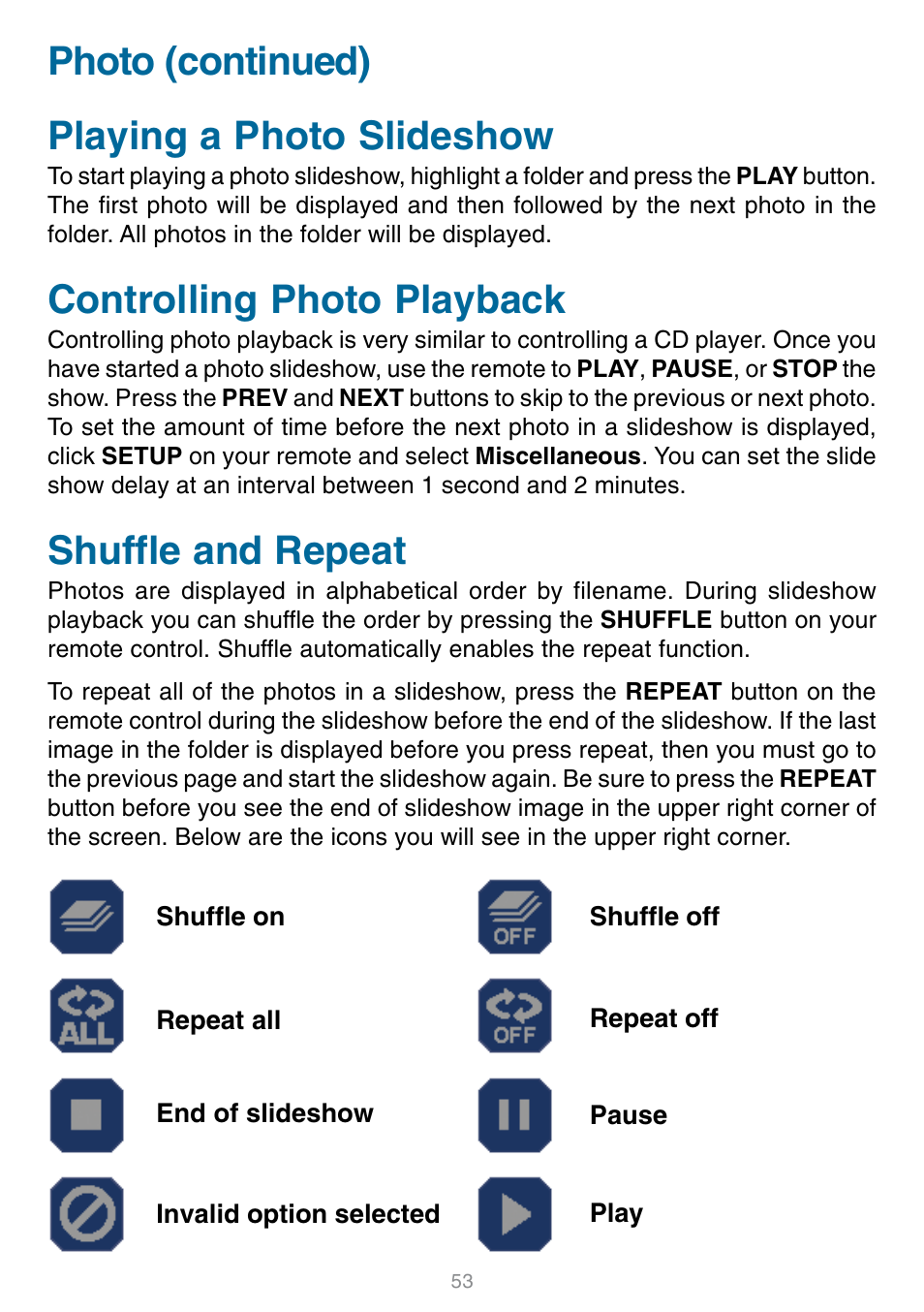 Photo (continued) playing a photo slideshow, Controlling photo playback, Shuffle and repeat | D-Link DSM-320 User Manual | Page 53 / 111