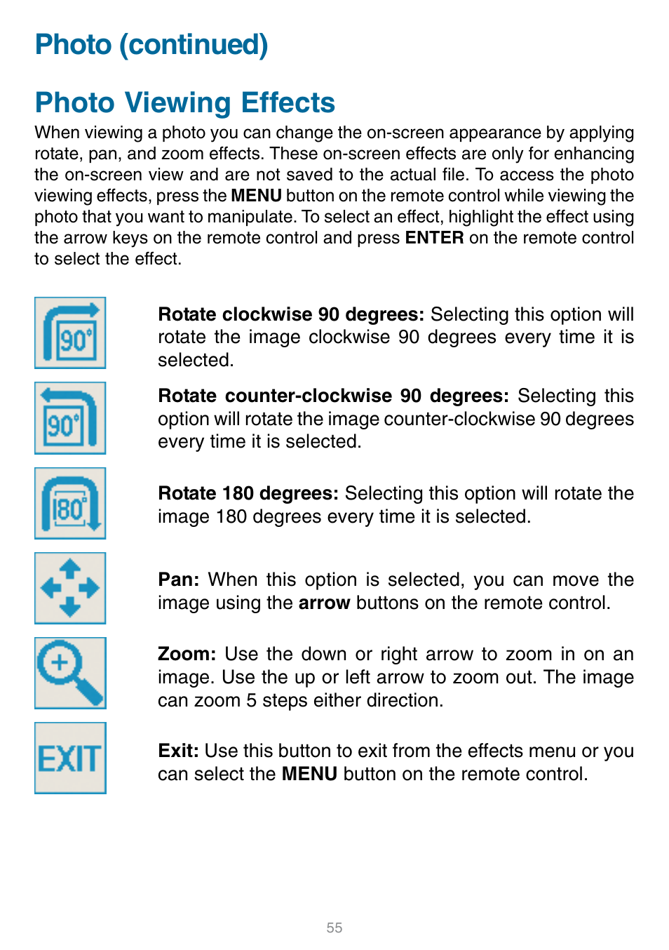 Photo viewing effects, Photo (continued) | D-Link DSM-320 User Manual | Page 55 / 111