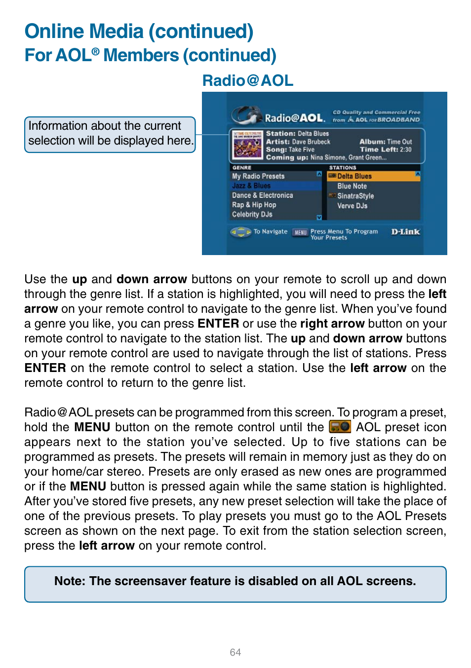 Radio@aol, Online media (continued), For aol | Members (continued) | D-Link DSM-320 User Manual | Page 64 / 111