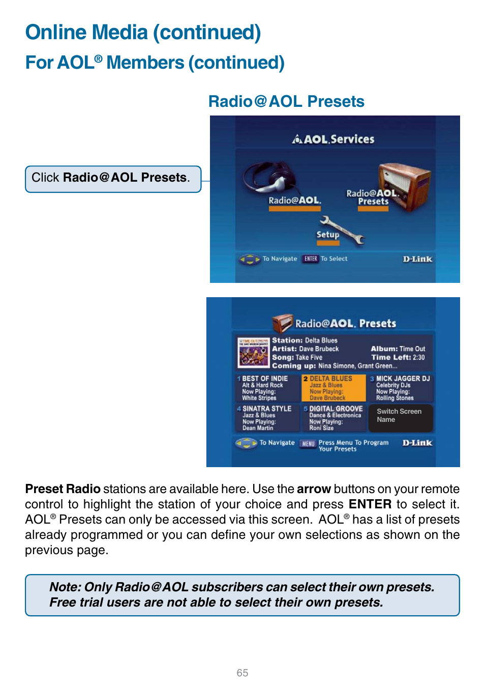 Radio@aol presets, Online media (continued), For aol | Members (continued) | D-Link DSM-320 User Manual | Page 65 / 111