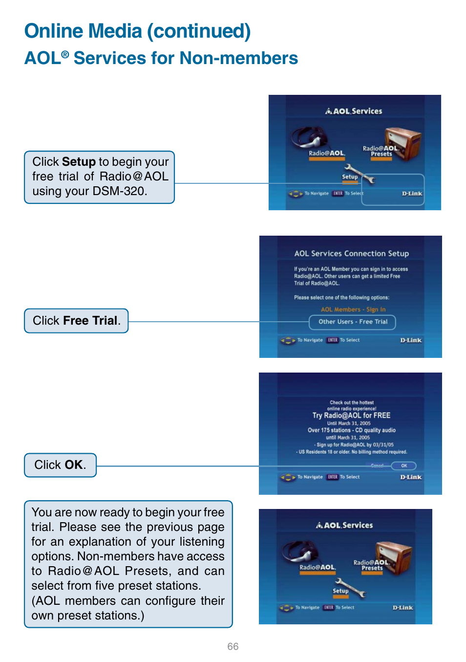 Aol® services for non-members, Online media (continued), Services for non-members | D-Link DSM-320 User Manual | Page 66 / 111