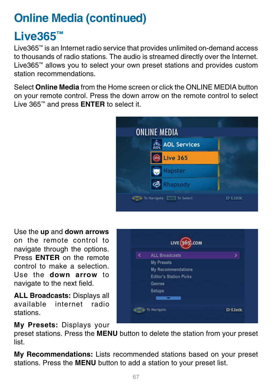 Live365, Online media (continued) live365 | D-Link DSM-320 User Manual | Page 67 / 111