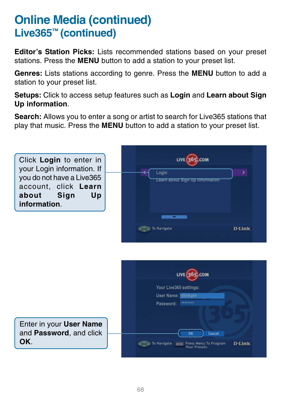 Online media (continued), Live365, Continued) | D-Link DSM-320 User Manual | Page 68 / 111