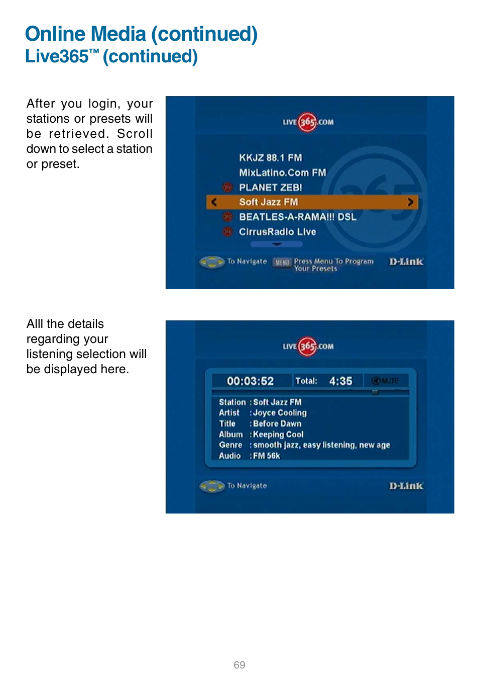 Online media (continued), Live365, Continued) | D-Link DSM-320 User Manual | Page 69 / 111