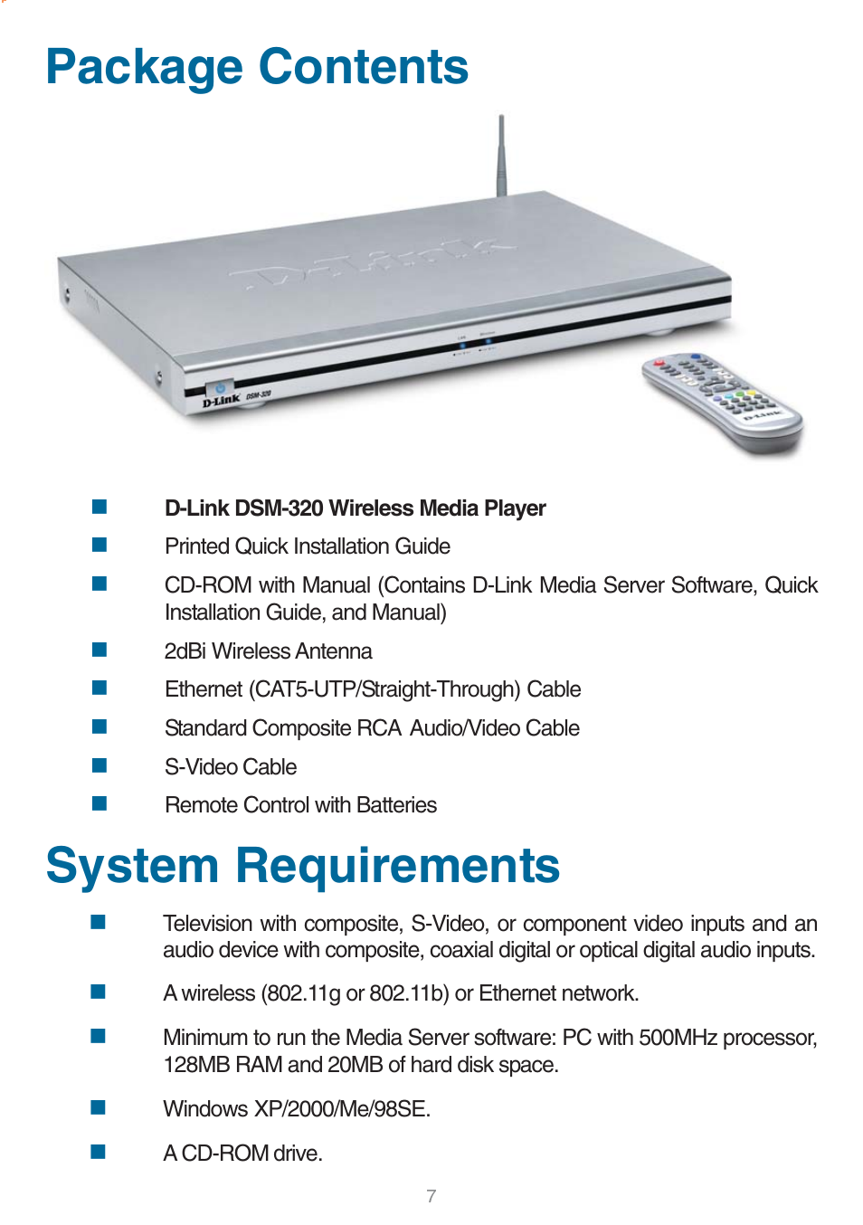 Package contents, Package contents system requirements, System requirements | D-Link DSM-320 User Manual | Page 7 / 111