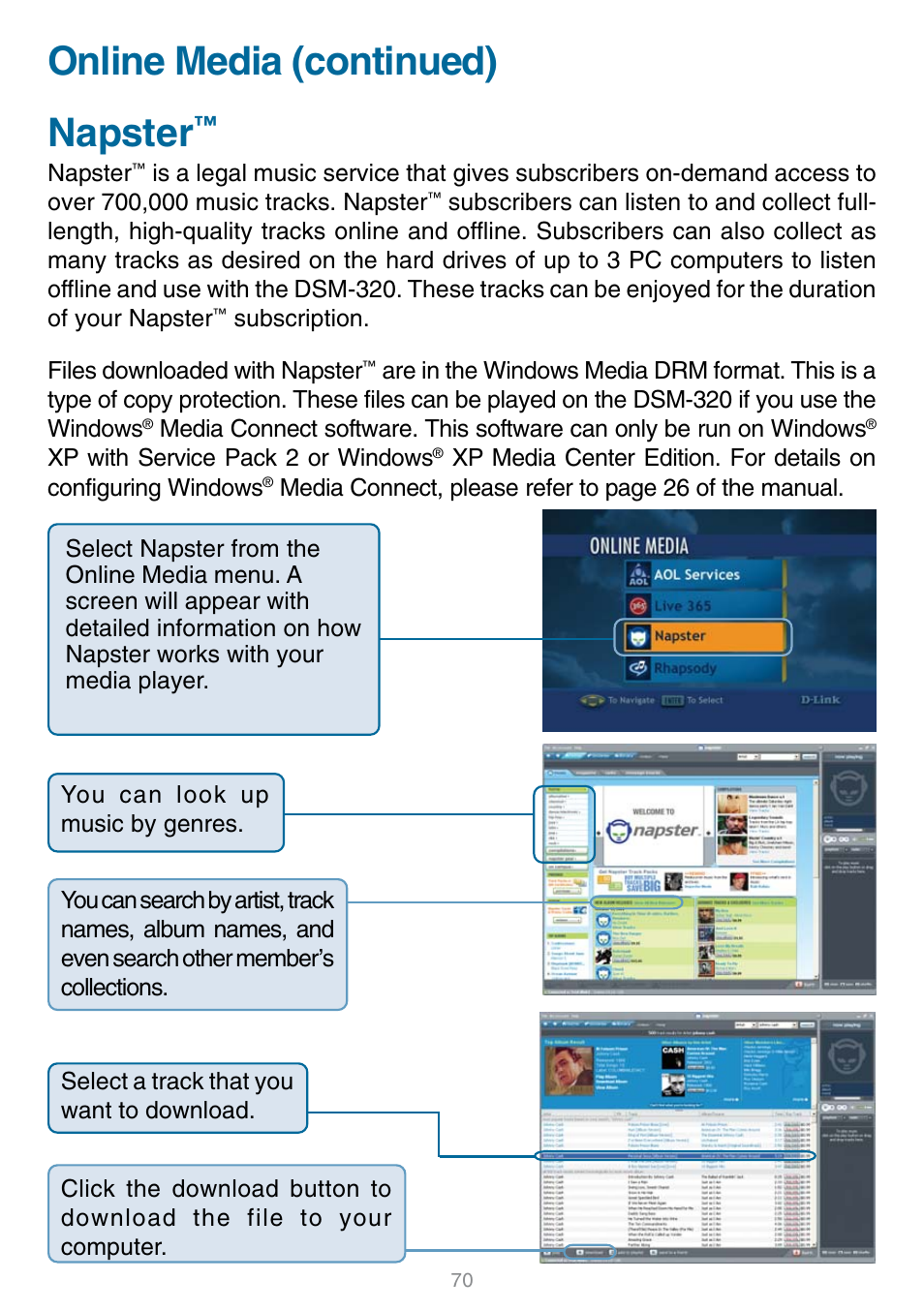 Online media (continued) napster | D-Link DSM-320 User Manual | Page 70 / 111