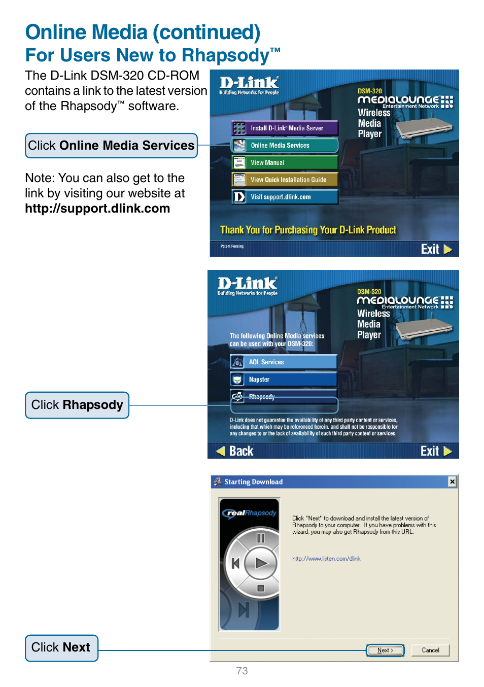 For users new to rhapsody, Online media (continued) | D-Link DSM-320 User Manual | Page 73 / 111