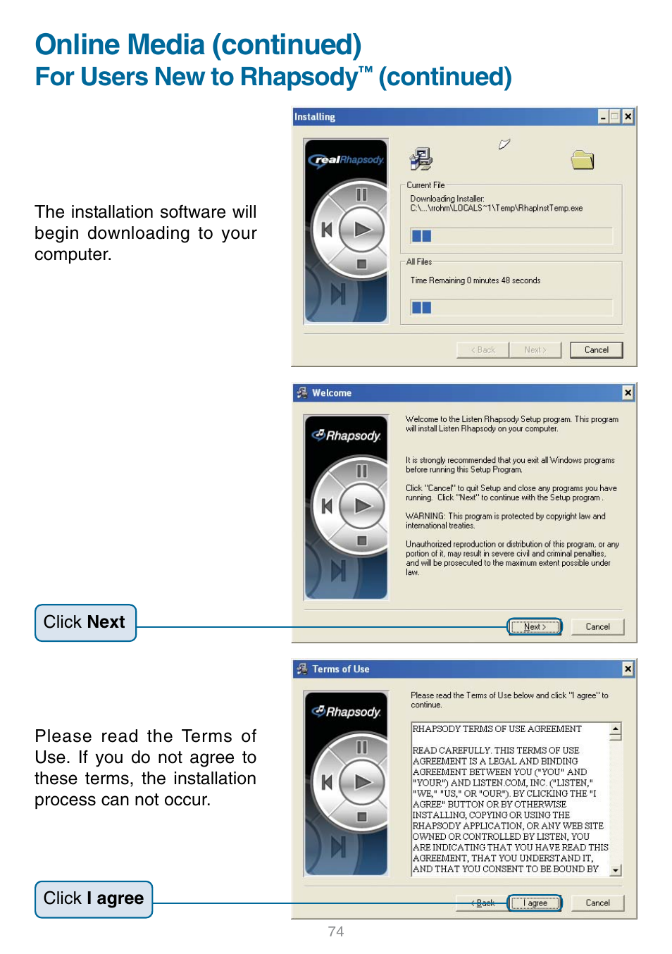 Online media (continued), For users new to rhapsody, Continued) | D-Link DSM-320 User Manual | Page 74 / 111