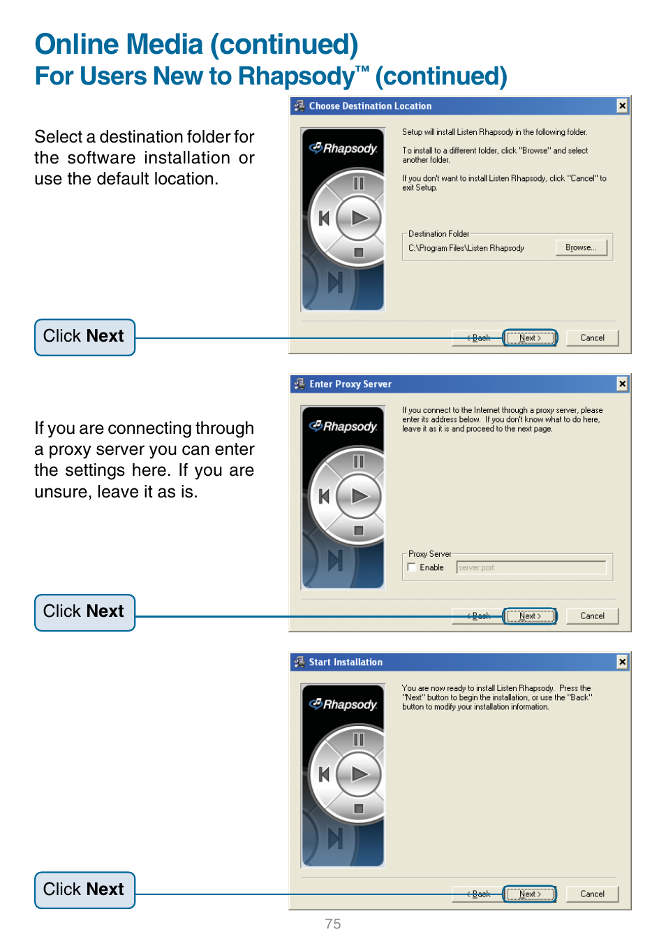 Online media (continued), For users new to rhapsody, Continued) | D-Link DSM-320 User Manual | Page 75 / 111