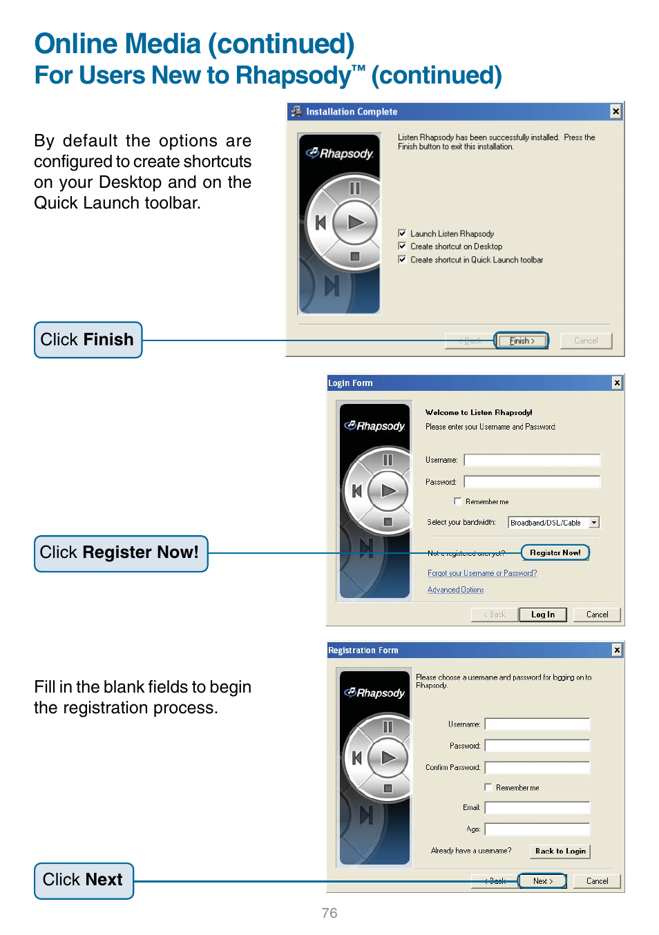 Online media (continued), For users new to rhapsody, Continued) | D-Link DSM-320 User Manual | Page 76 / 111