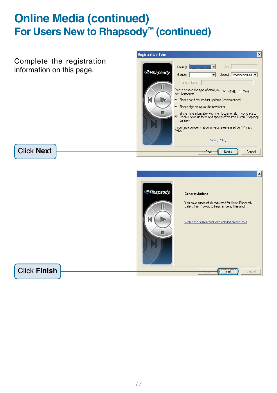 Online media (continued), For users new to rhapsody, Continued) | D-Link DSM-320 User Manual | Page 77 / 111