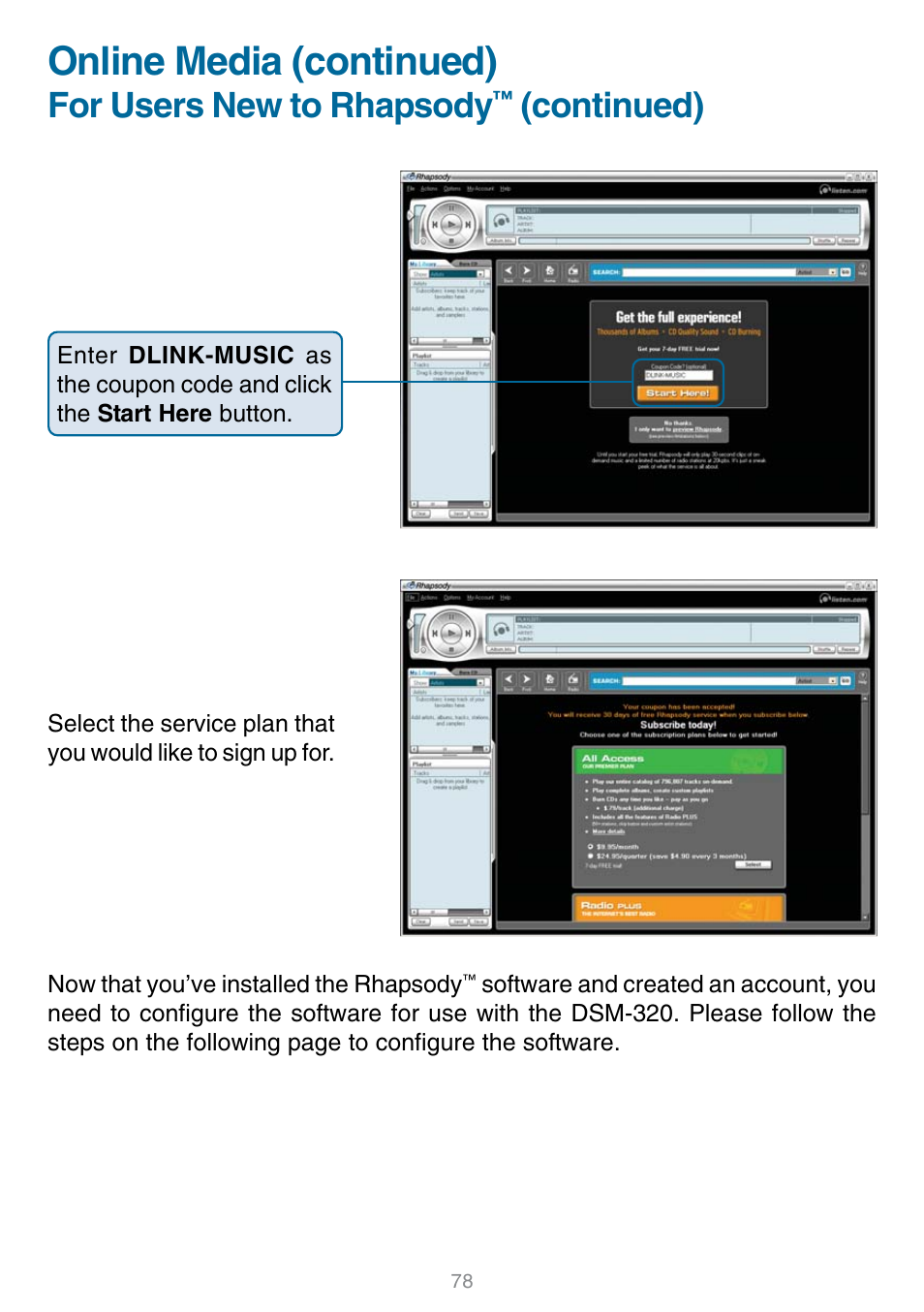 Online media (continued), For users new to rhapsody, Continued) | D-Link DSM-320 User Manual | Page 78 / 111