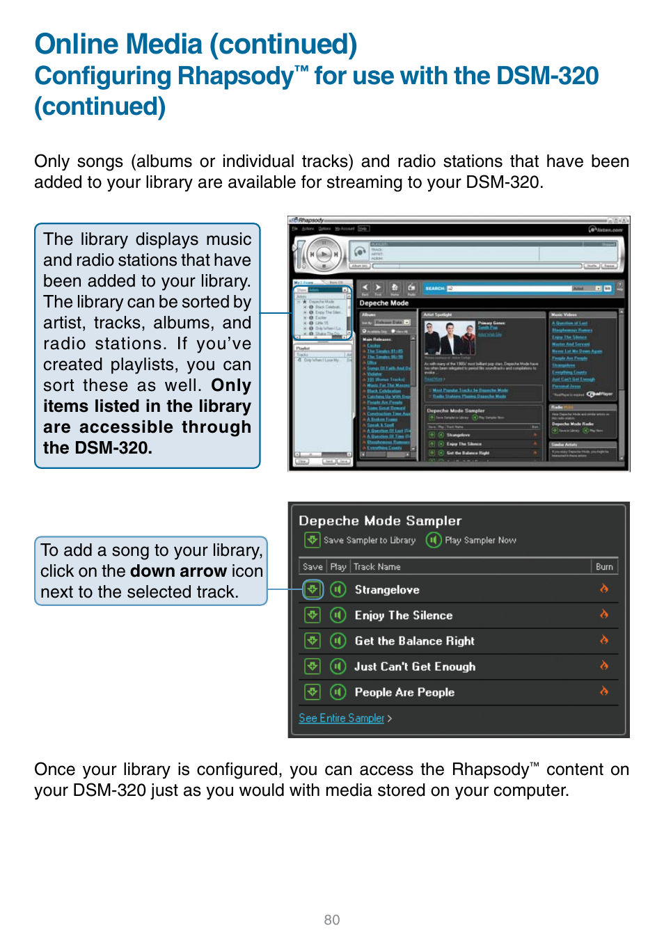 Online media (continued), Configuring rhapsody, For use with the dsm-320 (continued) | D-Link DSM-320 User Manual | Page 80 / 111