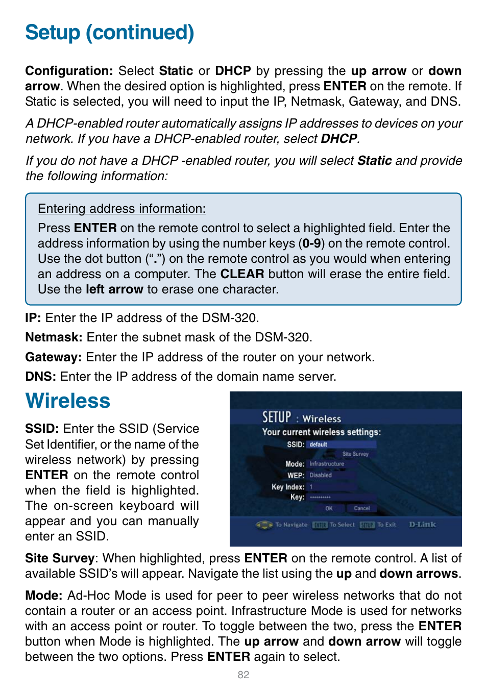 Wireless, Setup (continued) | D-Link DSM-320 User Manual | Page 82 / 111