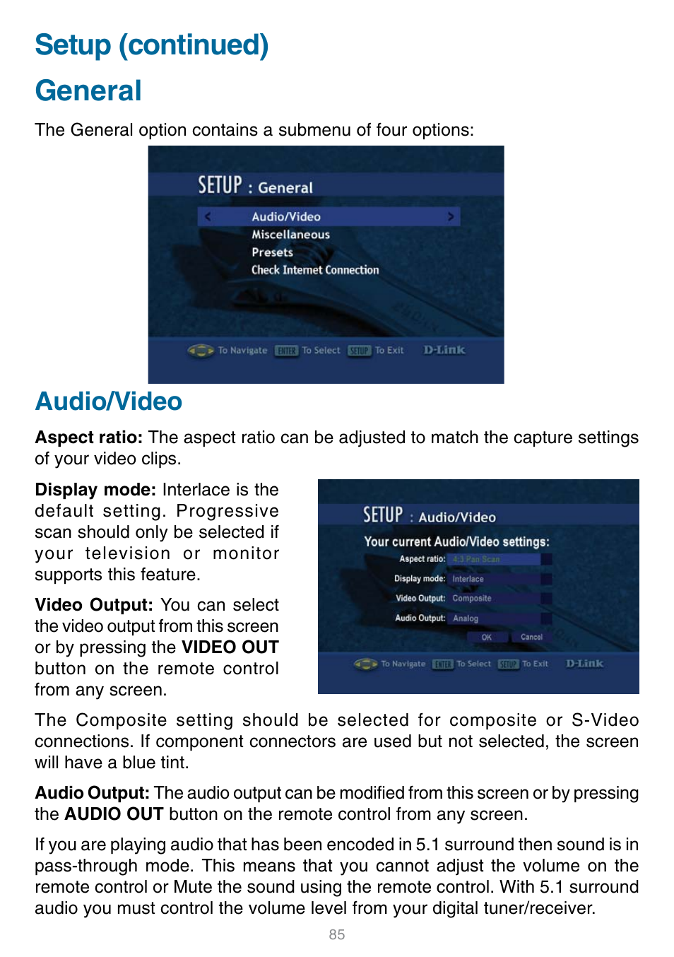 General, Audio/video, Setup (continued) general | D-Link DSM-320 User Manual | Page 85 / 111
