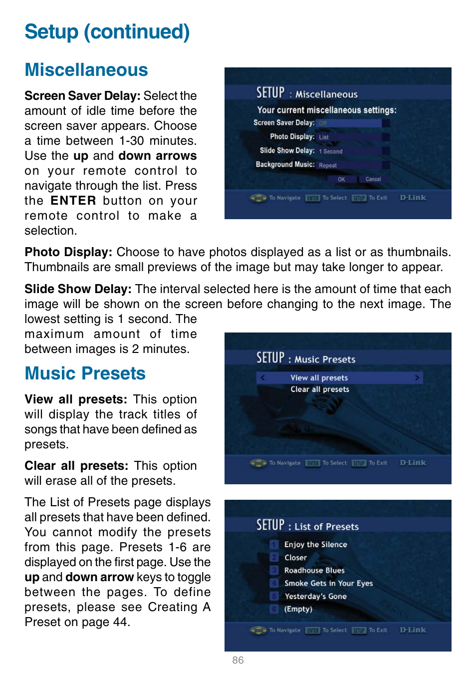 Miscellaneous music presets, Setup (continued), Miscellaneous | Music presets | D-Link DSM-320 User Manual | Page 86 / 111