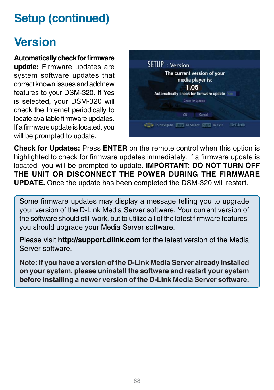 Version, Setup (continued) version | D-Link DSM-320 User Manual | Page 88 / 111
