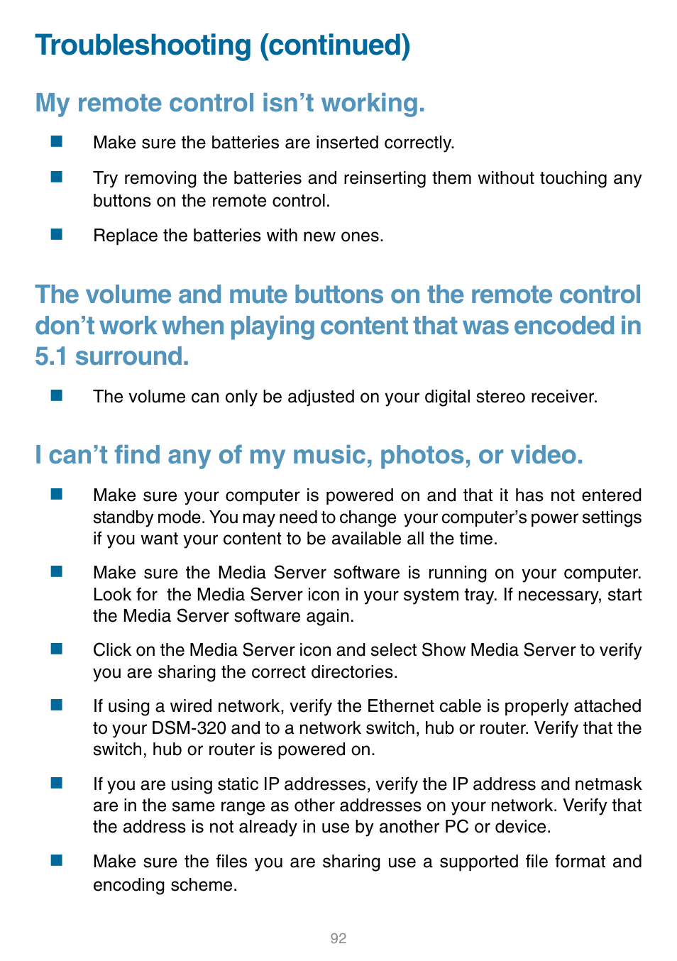 Troubleshooting (continued), My remote control isn’t working, I can’t find any of my music, photos, or video | D-Link DSM-320 User Manual | Page 92 / 111