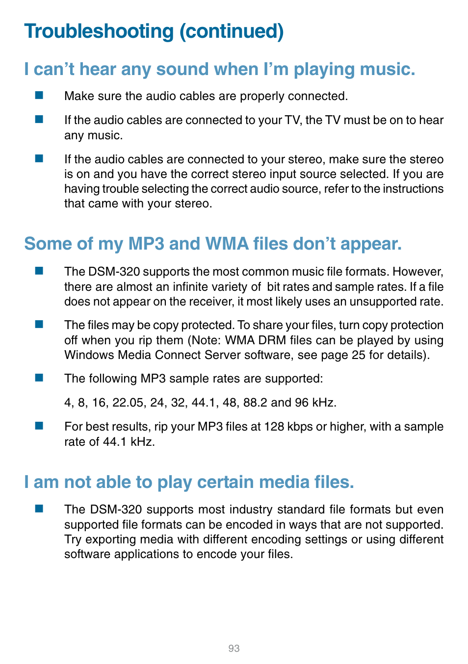 Troubleshooting (continued), I can’t hear any sound when i’m playing music, Some of my mp3 and wma files don’t appear | I am not able to play certain media files | D-Link DSM-320 User Manual | Page 93 / 111