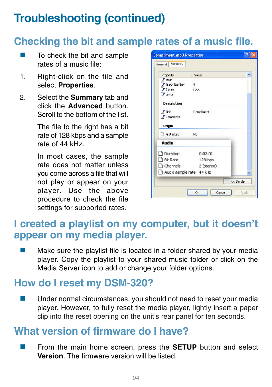 Troubleshooting (continued), How do i reset my dsm-320, What version of firmware do i have | D-Link DSM-320 User Manual | Page 94 / 111