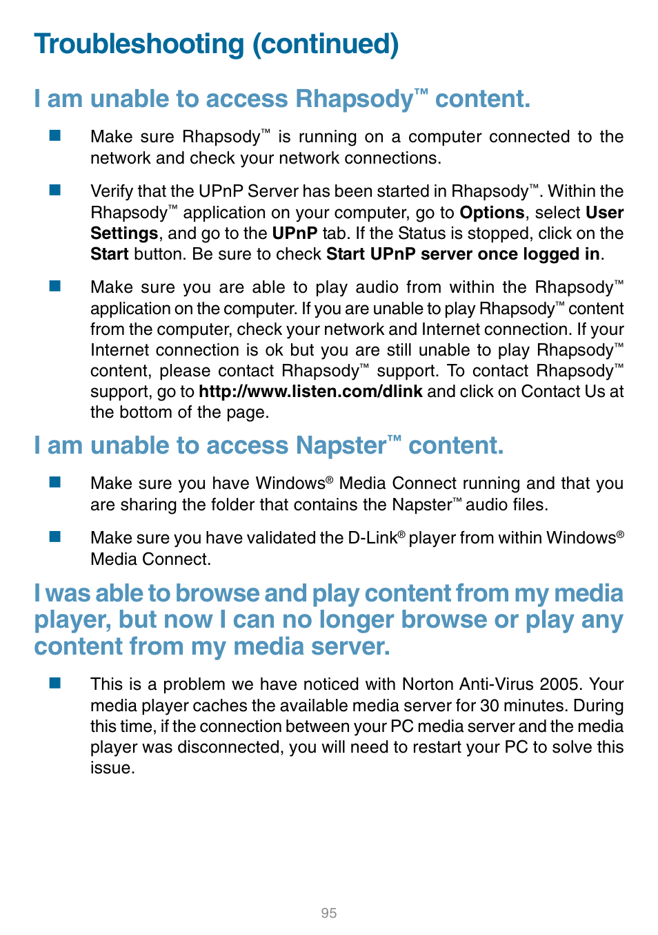 Troubleshooting (continued), I am unable to access rhapsody, Content | I am unable to access napster | D-Link DSM-320 User Manual | Page 95 / 111
