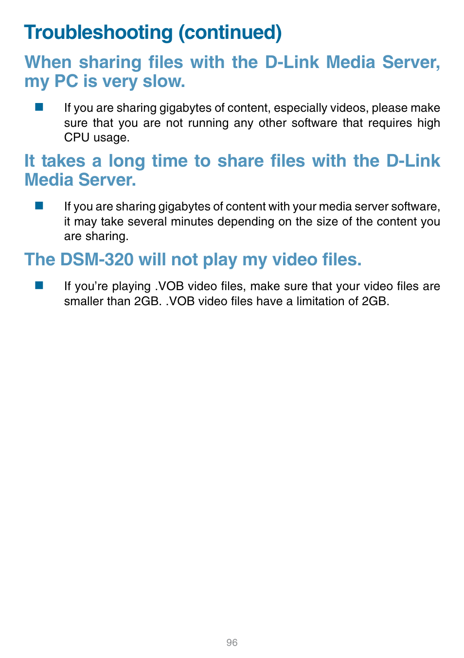 Troubleshooting (continued), The dsm-320 will not play my video files | D-Link DSM-320 User Manual | Page 96 / 111