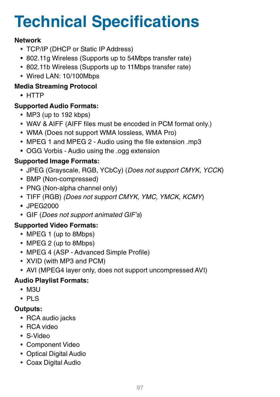 Technical specifications | D-Link DSM-320 User Manual | Page 97 / 111