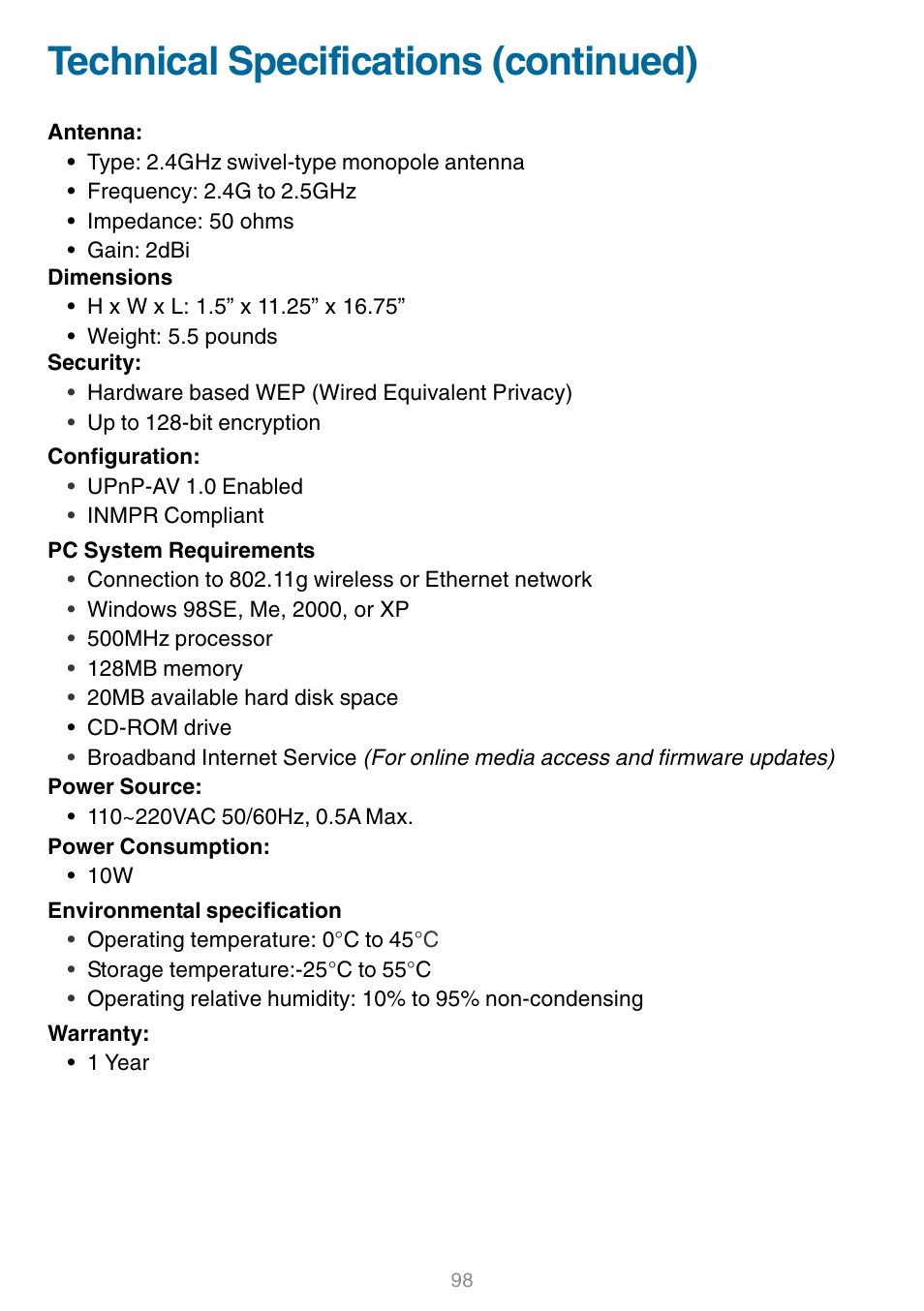 Technical specifications (continued) | D-Link DSM-320 User Manual | Page 98 / 111