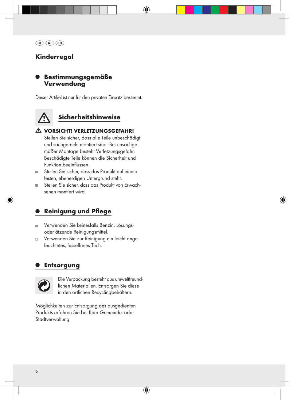 Kinderregal, Bestimmungsgemäße verwendung, Sicherheitshinweise | Reinigung und pflege, Entsorgung | Livarno Z31195 User Manual | Page 6 / 9