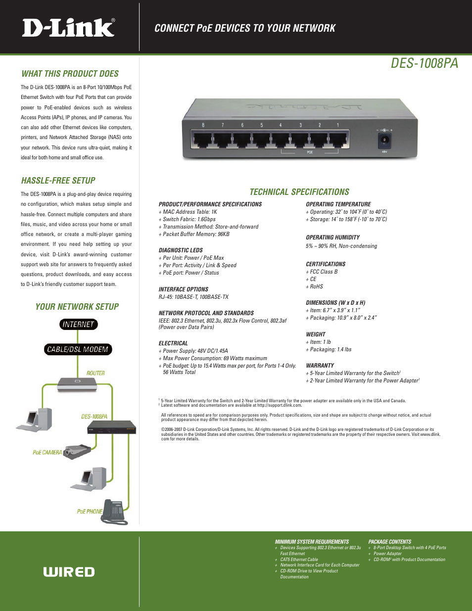 Des-1008pa, Connect poe devices to your network, What this product does | Hassle-free setup, Technical specifications, Your network setup | D-Link DES-1008PA User Manual | Page 2 / 2